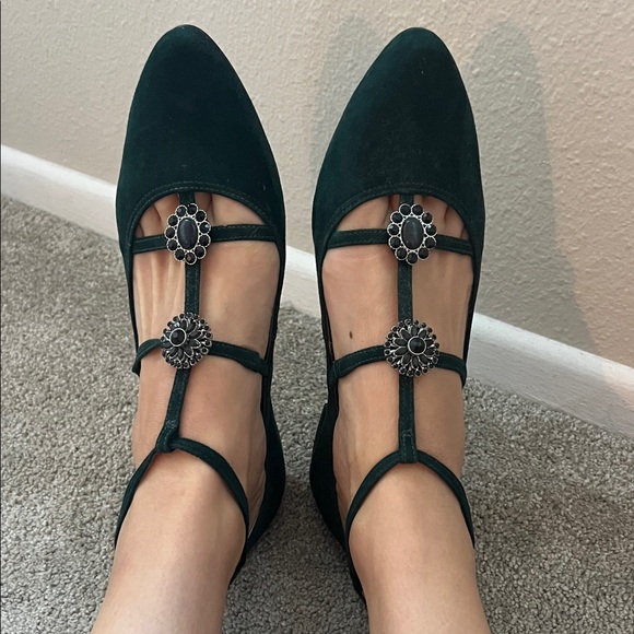 Talbots Shoes - Talbots Dark Green Emerald Flats with Decorative Bejeweled Straps